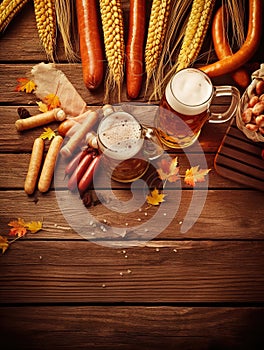 Oktoberfest poster with beer barrel sausages wheat mug and party flags on wooden background. Generative Ai