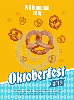 Oktoberfest poster with pretzels and traditional design elements. Vector illustration