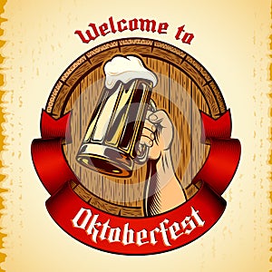 Oktoberfest Raised Hand Glass Beer Barrel Cask Grunge Background Enrgaving