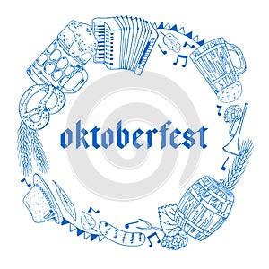 Oktoberfest round frame design template. Mugs, food, music instruments