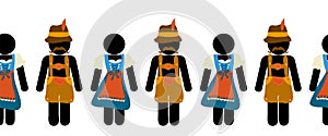 Oktoberfest seamless vector border dirndl dress lederhosen pictogram. Repeating German beer festival horizontal border men women.