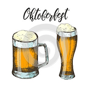 Oktoberfest set of hand drawn colored glass of beer isolated on white