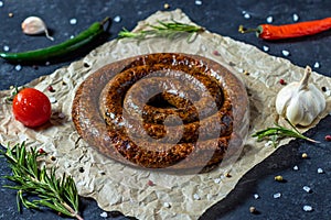 Oktoberfest snack BBQ spiral sausage with vegetables