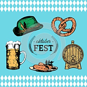 Oktoberfest symbols collection for beer festival flyer and poster. Vector hand sketched set of glass mug, pretzel etc.