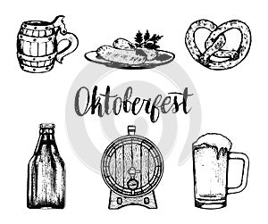 Oktoberfest symbols collection for beer festival flyer and poster. Vector hand sketched set of glass mug, pretzel etc.