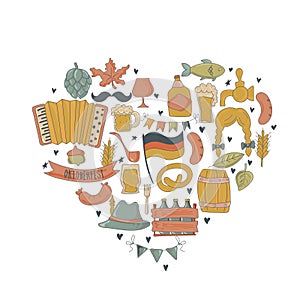Oktoberfest. Traditional bavarian festival. Heart shape design element for greeting card, invitation, banner, poster