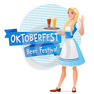 Oktoberfest vector banner. Beautiful woman in traditional dress holding tray with light and dark beer and shows OK sign