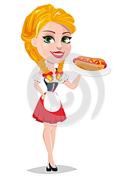 Oktoberfest vector illustration with redhead girl holding hot dog.