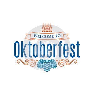 Oktoberfest vintage lettering with hops and wheat on white background