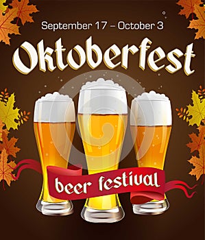 Oktoberfest vintage poster with beer and autumn leaves on dark background. Octoberfest banner. Gothic label