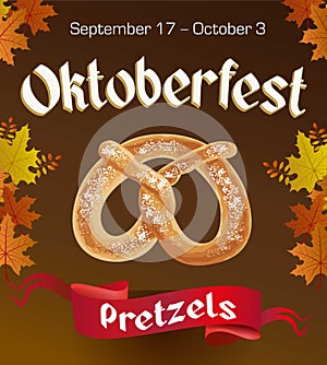 Oktoberfest vintage poster with Pretzels and autumn leaves on dark background. Octoberfest banner.