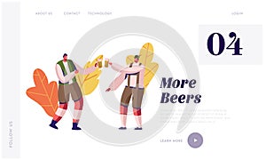 Oktoberfest Website Landing Page. Couple of Men in Traditional Bavarian Costumes Trachten Clinking Mugs
