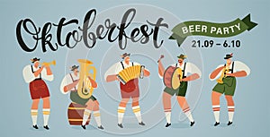 Oktoberfest world biggest beer festival opening parade musicians with historical costumes playing trumpet, accordion and