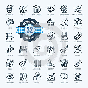 Oktoberfest, the world`s largest beer festival, Bavaria  - minimal thin line web icon set. Outline icons collection.