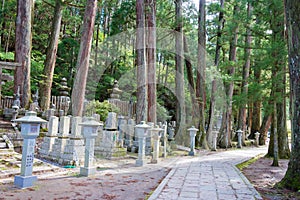 Okunoin Cemetery at Mount Koya in Koya, Wakayama, Japan. Mount Koya is UNESCO World Heritage Site