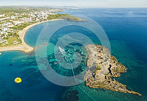 Okurcalar, Alanya, Turkey. Drone view of the wide blue transparent Mediterranean sea with the reef seen through the