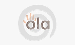 Ola letters with hand logo template, palm vector logo concept for friendly business identity, poster, banner. Vector photo