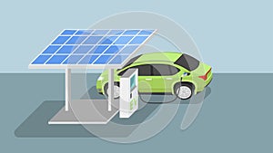 olar cell technology with EV charger station. Electric Vehicle car replenish energy.