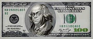 old 100 dollar banknote with  Benjamin Franklin with a bright smile