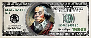 old 100 dollar banknote with  Benjamin Franklin with a bright smile