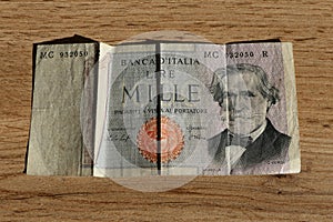 Old 1000 lire note of the former currency Lira in Italy