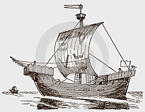 Old 14th-century merchant carrack ship at sea