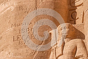 Old, 19 century, graffiti on ancient ruins of Abu Simbel Temple, Abu .Simbel, Egypt