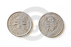 Old 50 piastres Lebanese coin isolated on white background