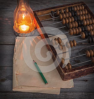 Old abacus, the paper with a pencil next to lamp