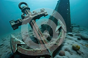 Old and abandoned anchor underwater in seaweed, generative AI.