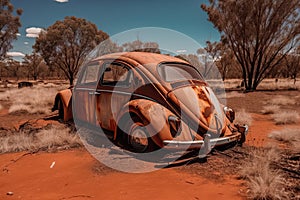 Old abandoned beetle style vehicle on a lonely road in the dusty, red arid land of outback Australia