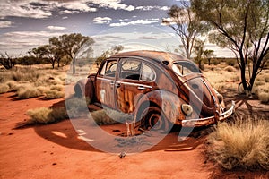 Old abandoned beetle style vehicle on a lonely road in the dusty, red arid land of outback Australia