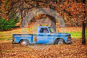 Old abandoned blue truck surrounded by fall foliage