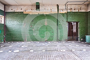 Old abandoned brick building with green walls