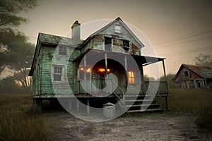 An old abandoned broken wooden house in the middle of the forest like a scene from a western movie. Concept of horror