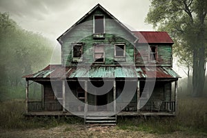 An old abandoned broken wooden house in the middle of the forest like a scene from a western movie. Concept of horror