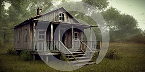 An old abandoned broken wooden house in the middle of the forest like a scene from a western movie. Concept of horror