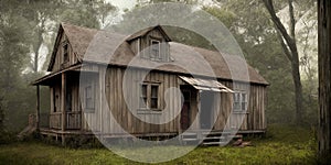 An old abandoned broken wooden house in the middle of the forest like a scene from a western movie. Concept of horror