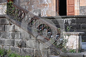 Old abandoned building with broken glass. Deserted ancient residential building. forgotten Soviet ruined houses.