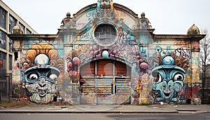 Old, abandoned building exterior showcases graffiti mural of city life generated by AI