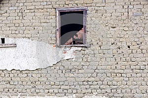 Old abandoned building facade wall, empty window