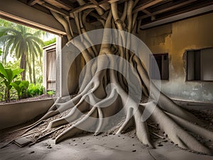 old abandoned building interior with tree and roots