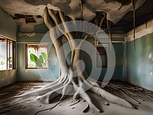 old abandoned building interior with tree and roots