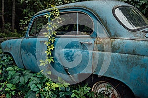 The old abandoned car was overgrown with vegetation