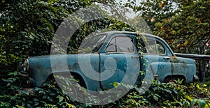 The old abandoned car was overgrown with vegetation