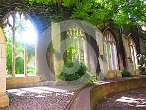 Old abandoned castle building in London, England, UK. London city hidden places. St. Dunstan in the East Church Garden.