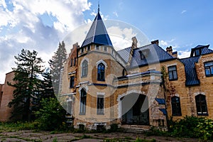 Old abandoned castle in gothic style. Former Philipov manor, Former Manor Uspenskoye, Moscow region