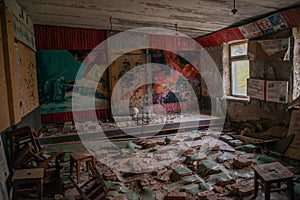 Old abandoned conference hall in building located in the Chernobyl ghost town