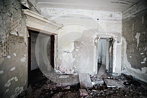 Old abandoned creepy manor house room. Closed windows.