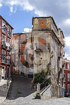 Old, abandoned and empty street of Lisbon, Portugal.
